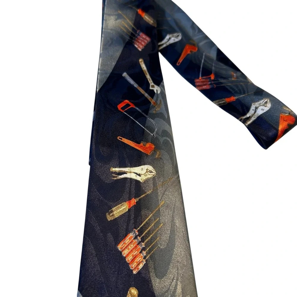 Novelty Necktie Mens Tools Print Blue Gray Polyester Career Workwear Tie Vintage - Picture 4 of 8